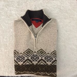 Tommy Hilfiger Lambswool Sweater Mens Large Brown & Tan  1/4 Zip Pullover